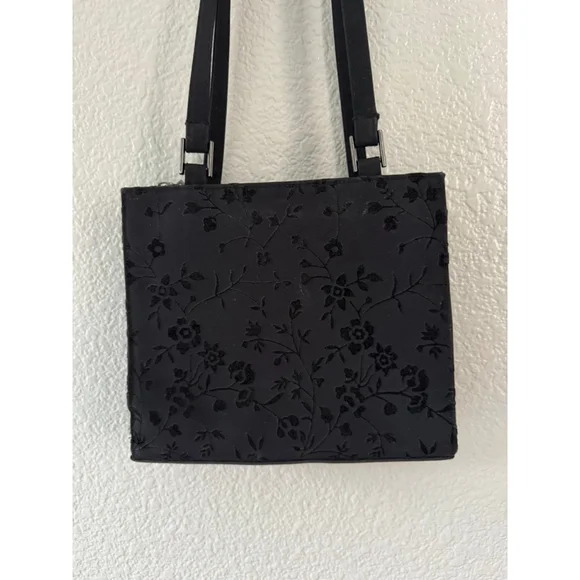Black Flocked Velvet Floral Shoulder Bag Vintage Y2K Goth Coquette EUC Handbag - Picture 2 of 6
